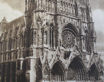 1950s Vintage French Travel Poster, Cathedral of Reims, Champagne