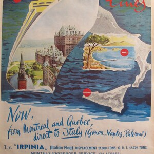 1960 年代のオリジナル ヴィンテージ イタリア製 Grimaldi Siosa Lines + Rosanna Schiaffino ポスター - 「今、モントリオールとケベックからイタリアへ直行」