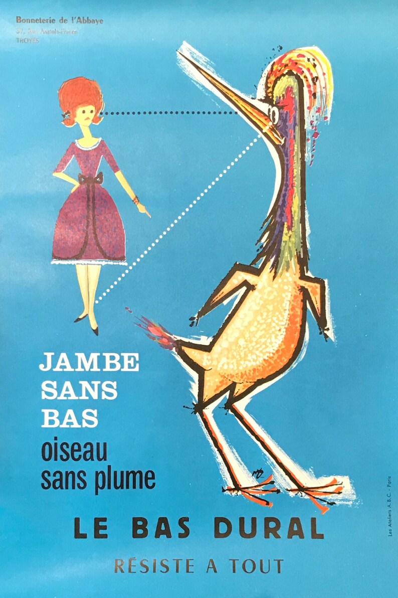 Jambe Sans Bas Retro poster 1960s Original French Advertising Poster Vintage wall art Le Bas Dural