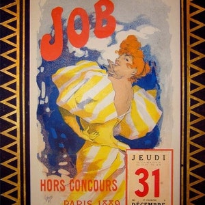May include: A vintage poster advertising Job cigarettes. The poster features a woman in a yellow and white striped dress, smoking a cigarette. The text on the poster reads 