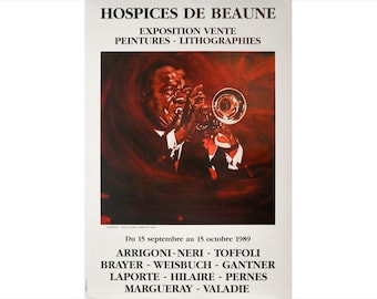 1989 French Exhibition Poster, Hospices de Beaune, Peintures - Lithographies, Arrigoni-Neri & multiple artists (Image of Louis Armstrong)