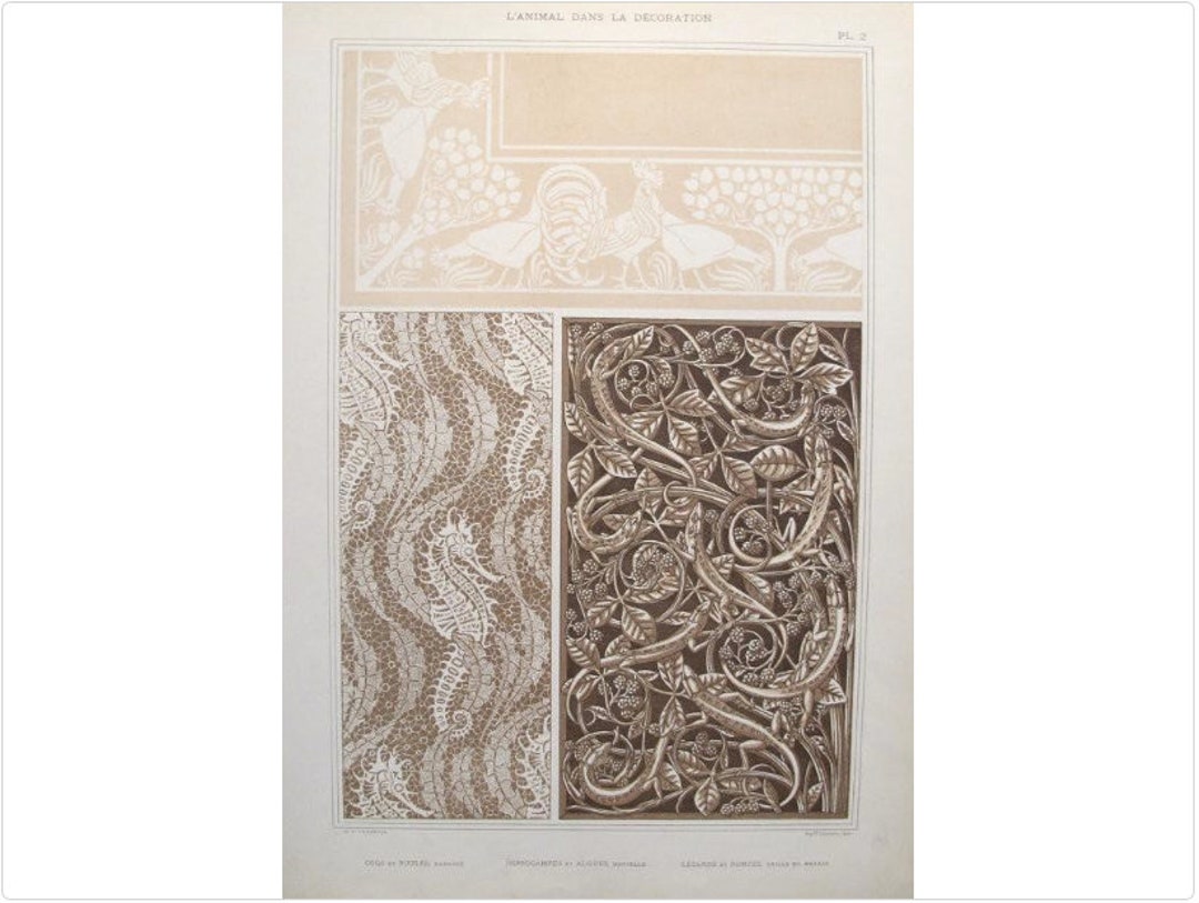 1898 French Decorator Pochoir - Rooster and Hen, Seahorse, Algua ...