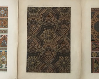 1870 Decorador francés Pochoirs, Renacimiento, Auguste Racinet (Juego de 3)