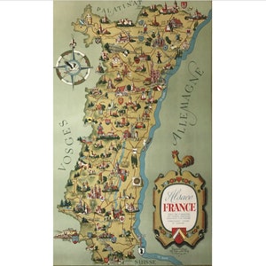 Póster de viaje francés original de 1948, Vosgos, Alsacia (mapa ilustrado)