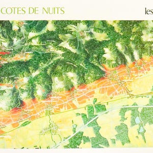 May include: A detailed map of the Côte de Nuits region in Burgundy, France, with the text "COTE ET HAUTES-COTES DE NUITS" and "les Vins de Bourgogne". The map features green, orange, and yellow hues, depicting vineyards and terrain.
