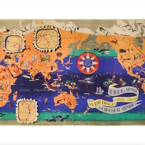 Cartel del mapa mundial francés de 1956 - Chocolat Menier, Le tour du monde en 120 imágenes, Grand Concours