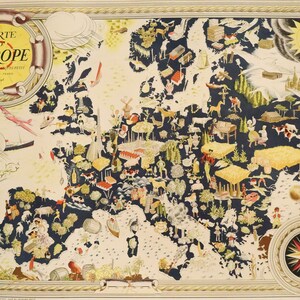 Oryginalny francuski plakat podróżniczy z 1946 r. – Carte d'Europe, wydanie Jacques Petit (ilustrowana mapa)