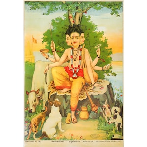 1920 Indian offset lithography, Seated Dattatraya - Seated Three headed god in yellow with animals -  - Ravi Varma Press