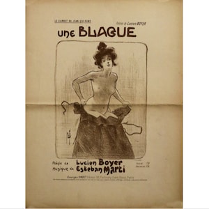 May include: A vintage poster for a musical piece titled "Une Blague" by Lucien Boyer with music by Esteban Marti. The poster features a black and white illustration of a woman in a dress.
