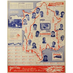 1957 Tour de France Map, Perrier (Linen backed)