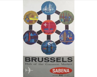 1960s Original Belgian Travel Poster - Sabena Airlines - Brussels