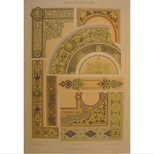 May include: A vintage illustration of decorative elements for interior design. The image features a collection of ornate borders, arches, and floral motifs in shades of green, yellow, and brown.