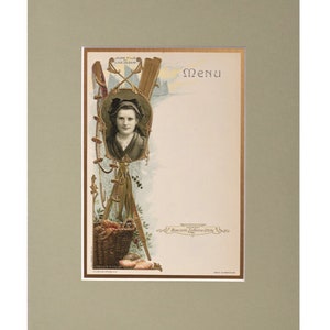 Menu publicitário francês original de 1900 (Jeune Fille Bretonne de L'ile de Sein) emaranhado