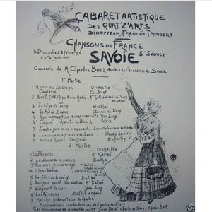 Puede incluir: Un cartel en blanco y negro que anuncia un cabaret de canciones francesas en el Cabaret Artistique des Quat'z'Arts en Saboya, Francia. El cartel presenta un dibujo de una mujer con un vestido largo y un sombrero, sosteniendo una pequeña bolsa. El cartel indica la fecha de la actuación como el domingo 23 de febrero de 1896, y la hora como las 8:20 pm. El cartel también indica el nombre del artista, M'Charles Buet, y el título de la actuación, "Chansons de France."