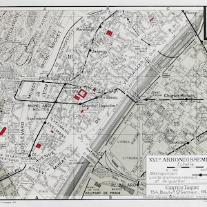 1959 年オリジナル Cartes Tarides パリ地図、第 16 区南