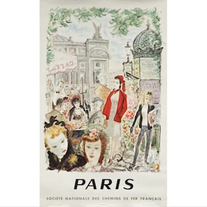 1962 French Travel Poster, Paris: Society Nationale des Chemins de Fer Francais, Café street scene