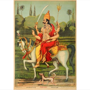 Könnte beinhalten: Eine farbenfrohe Illustration einer hinduistischen Gottheit, die auf einem weißen Pferd reitet. Die Gottheit hält ein Schwert und einen Dreizack und wird von einem Hund begleitet. Der Hintergrund ist eine grüne Landschaft mit Bäumen.