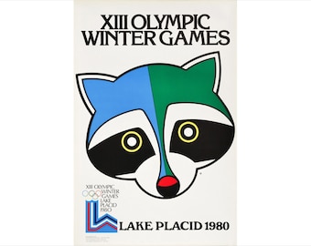 1980 Original Vintage Lake Placid Winter Olympics Poster, Raccoon Mascot