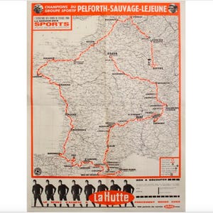 1968 Affiche française originale de bicyclette, carte du Tour de France