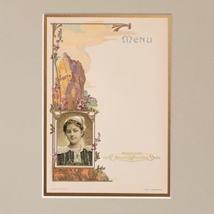Menu publicitário francês original de 1900 (Fille Bretonne de Bannalec) emaranhado