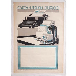 May include: Vintage poster with the text "CARTA-UTENSILI D'UFFICIO" above a black typewriter, envelopes, ink bottle, and other office supplies. A blank rectangular frame is at the bottom, all in shades of gray, black, and blue.