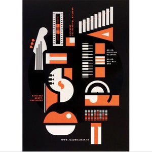 May include: A black poster with geometric shapes in white and orange, advertising the Jazz Festival Willinaw. The design includes stylized musical instruments and text: "Jazz Festival Willinaw" and "Back Der Haupt-Konzerte".