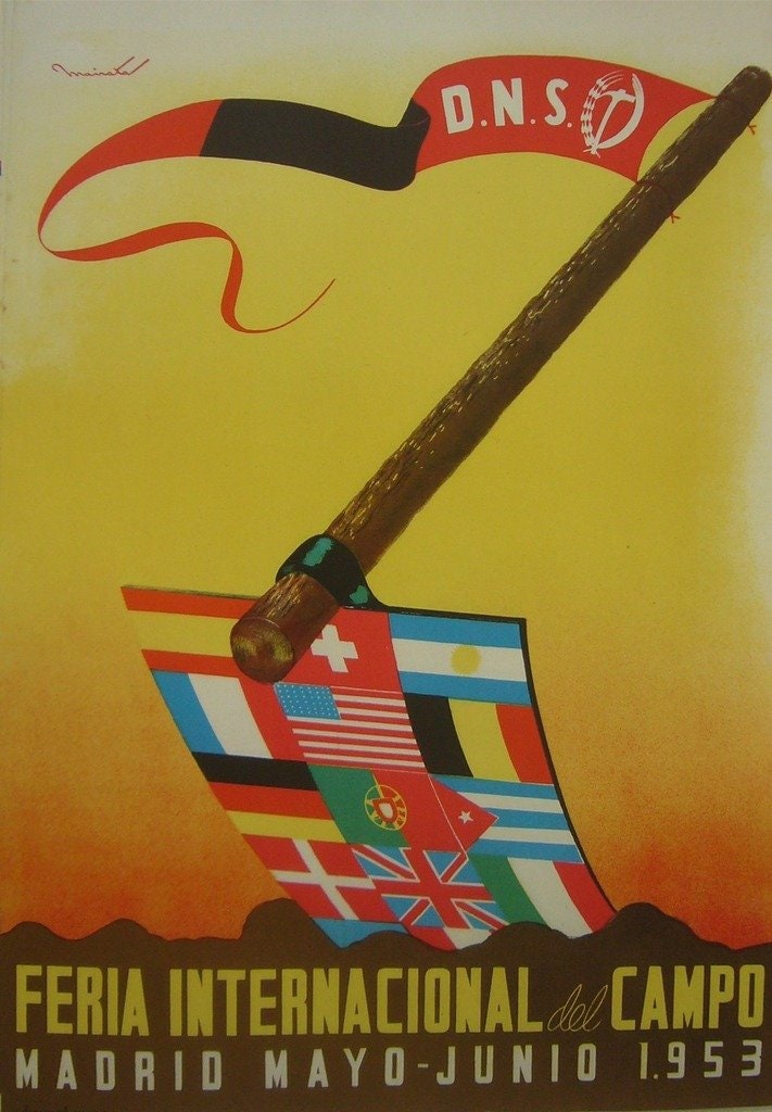 1953 Vintage Madrid Poster, Feria Internacional Del Campo, Flags