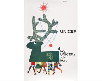 1963 Swedish UNICEF Poster, “Buy UNICEF’s Christmas Card” (Reindeer)