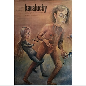 May include: Vintage Polish theater poster titled "Karaluchy." The artwork features two stylized figures in brown and black, with a surreal, expressive style. The poster has text in Polish, with a faded, aged appearance.