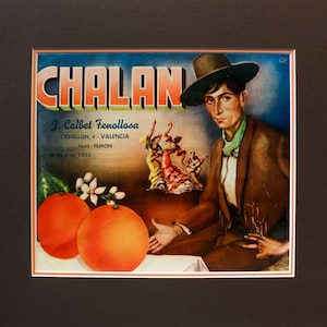 1930 - 1940 Original Vintage Spanish Label, Chalan, Man in Hat (Matted)