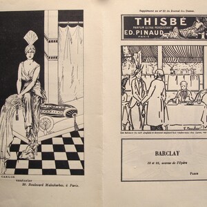 May include: A black and white illustration of a woman wearing a feathered headdress and a long dress. She is sitting on a chaise lounge with a checkered floor behind her. The text "CARLOS couturier 20. Boulevard Malesherbes, à Paris." is at the bottom of the image.