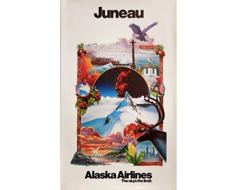 1980s American Travel Poster, Alaska Airlines Juneau, USA