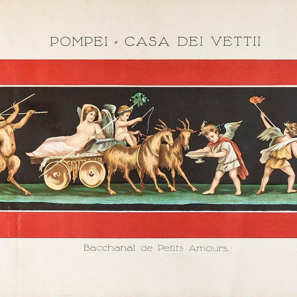 1900 Antique Italian  Label, Pompei, Casa Dei Vettii, Baccanal de Petits Amours (Cherubs at play)