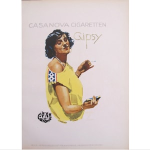 Póster art déco alemán original de 1926, Casanova Cigarrillo Gipsy (Mujer vestida de amarillo)