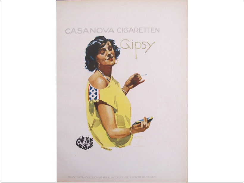 1926 Original German Art Deco Poster, Casanova Cigaretten Gipsy (Woman in Yellow Dress)