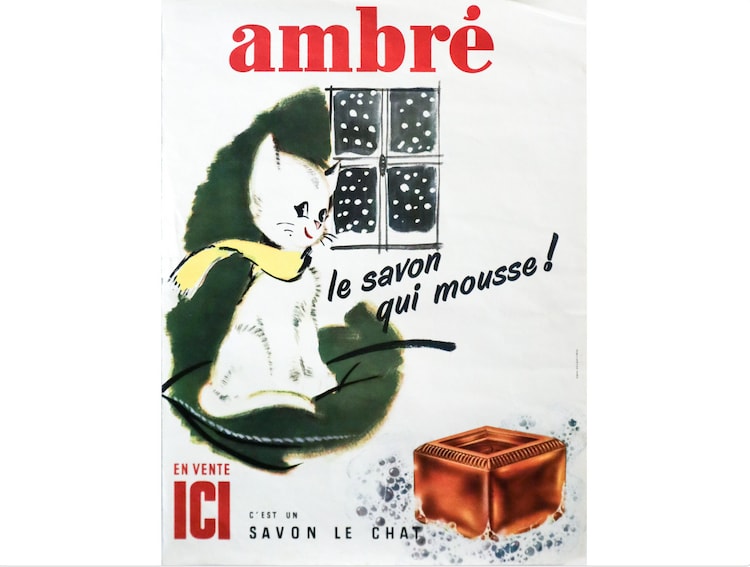 1940er französische Seifenwerbung - Ambré le chat (Le Savon Qui Mousse) Fensterszene