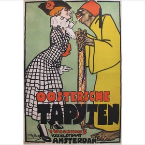 May include: A vintage poster advertising "Oosterse Tapijten" (Oriental Rugs) at 't Woonhuis, a store located on the Vijzelstraat in Amsterdam. The poster features a woman in a black and white checkered dress and a man in a yellow robe with a red fez.
