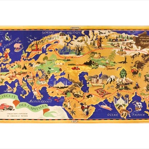 1954 Französisches Weltkartenplakat - Chocolat Menier, Grand circle des Capitales (Leinen-Backed)