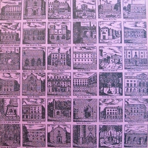 May include: A vintage black and white illustration of notable buildings in Barcelona, Spain. The image is divided into 48 squares, each containing a different building with a number and a short description in Spanish. The title of the image is "Edificios Notables de Barcelona".