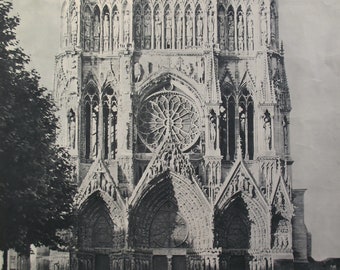 1950s Vintage French Travel Poster, Cathedral of Reims