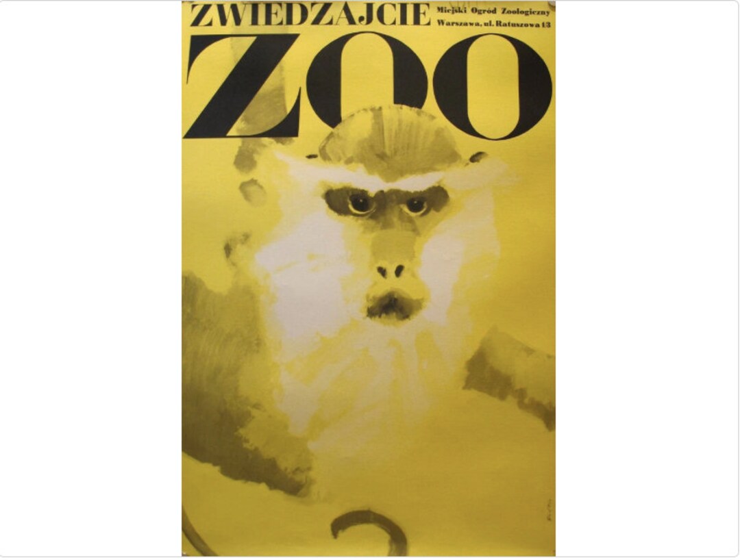 1960's Original Polish Zoo Poster, Zwiedzajcie Zoo Monkey