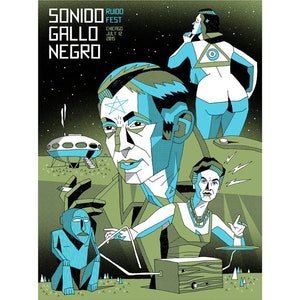 Könnte beinhalten: Ein Plakat für das Musikfestival "Sonido Gallo Negro" in Chicago, Illinois. Das Plakat zeigt eine stilisierte Illustration eines Mannes mit einem Stern auf der Stirn, einer Frau mit einem Dreieck auf dem Rücken und einer fliegenden Untertasse. Der Text "Sonido Ruido Fest Chicago July 12 2015" ist auf dem Plakat gedruckt.