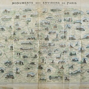 Carte française vintage des années 1900 des monuments parisiens + attractions (Monuments des environs de Paris)