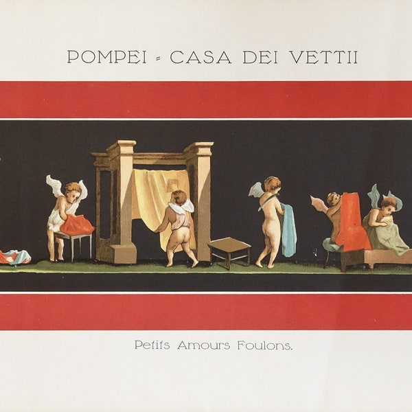 1900 Antique Italian  Label, Pompei, Casa Dei Vettii, Petits Amours Foulons (Cherubs at play)