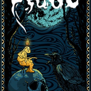 Puede incluir: Un cartel de concierto para la banda Panic! At The Disco. El cartel presenta una calavera con una vela en la parte superior, un cuervo y una luna llena. El texto en el cartel dice "Panic!" y "October 28th & 29th, 2022. Enmarket Arena Savannah, GA."