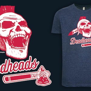 May include: A red and white graphic design of a skull with a mohawk and a feather, with the text "Deadheads" and a tomahawk below.