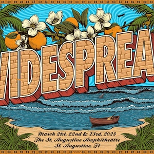 May include: A vintage-style postcard with a blue sky and ocean background. The text "Greetings from WIDESPREAD" is in large, bold letters. The text "March 21st, 22nd & 23rd, 2025 The St. Augustine Amphitheatre St. Augustine, Fl" is at the bottom of the postcard.