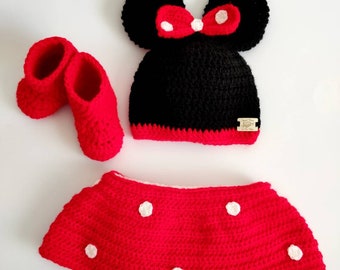 Crochet Mouse Outfit , Baby girl costume , Minnie outfit , Baby shower , Photo session , Hat , Babies Set , baby crochet mouse costume