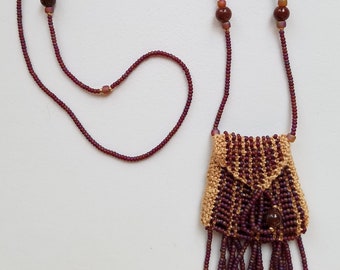 Brown/Purple/Wood Brigitte-Style amulet bag, necklace purse bead knit