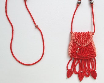 Orange Necklace Purse, amulet bag, bead knit with leaf bead accents. bead knit